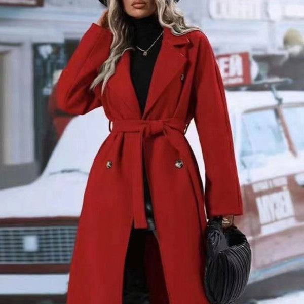 Lapel Double-Breasted Trench Coat with Belt – Winter Fashion Long Jacket for Women