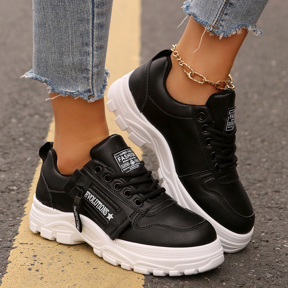 Lace-Up Sports Shoes with Side-Zipper – Fashionable Thick-Soled Sneakers for Women