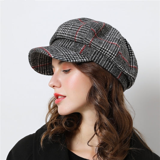 Vintage Newsboy Cap for Women - Classic Wool Blend Checkered Hat with Soft Lining