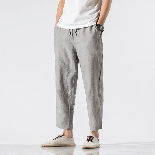 Striped Linen Cropped Trousers for Men | Classic Cotton-Linen Blend Pants