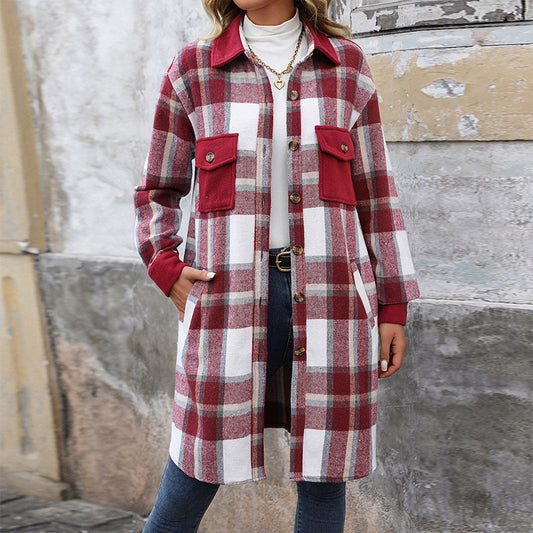 New Brushed Plaid Long Coat With Pockets – Effortless Elegance for Everyday Comfort