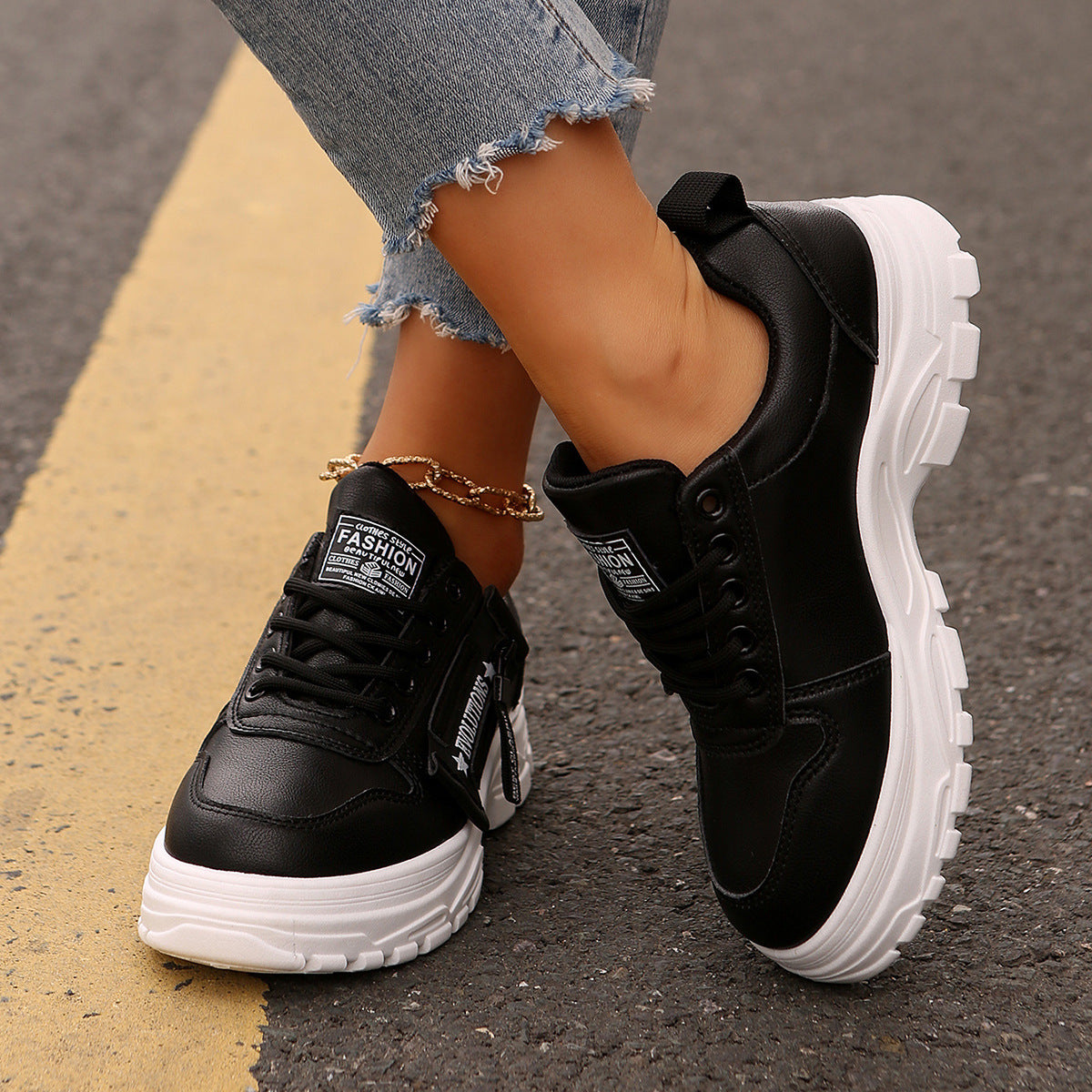 Lace-Up Sports Shoes with Side-Zipper – Fashionable Thick-Soled Sneakers for Women