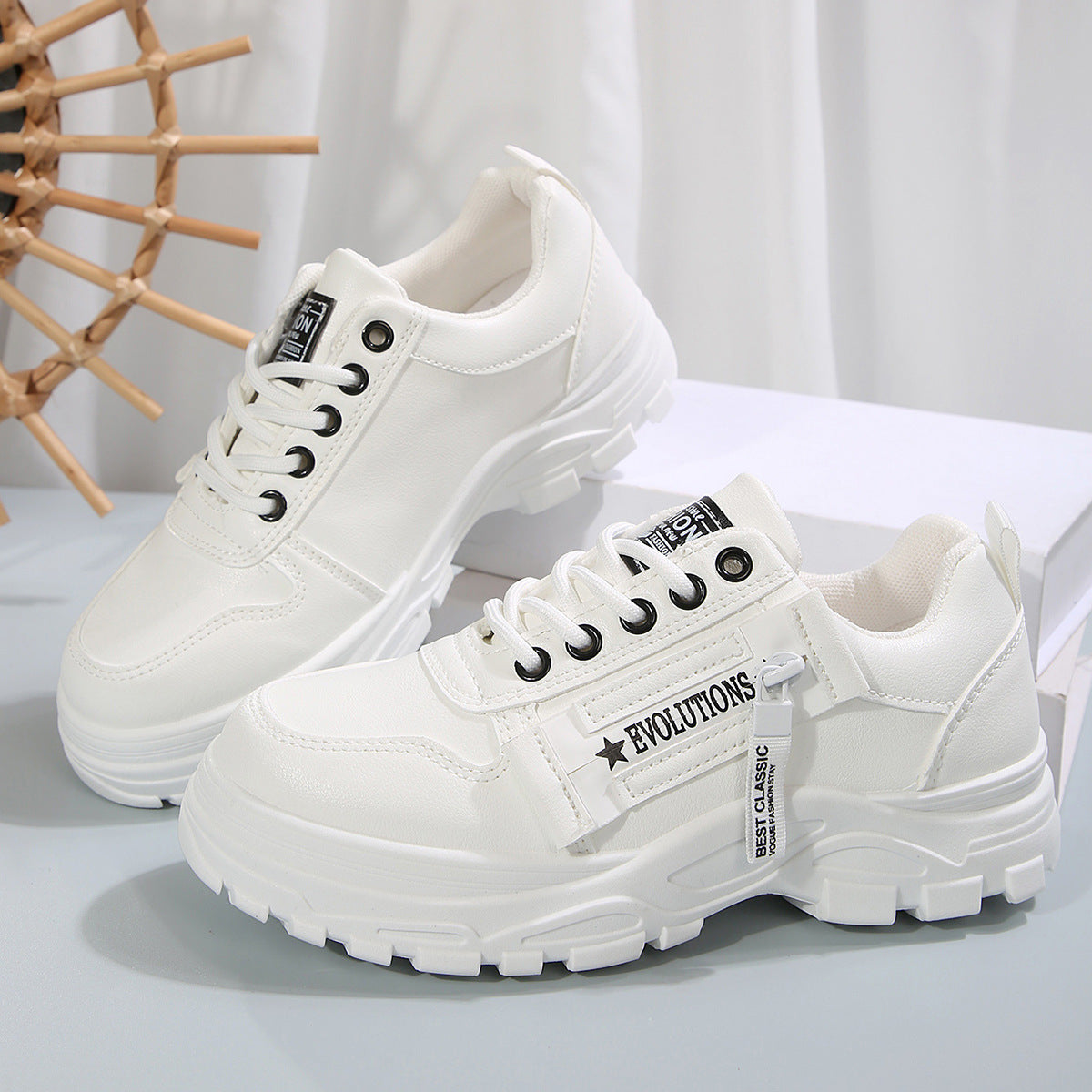 Lace-Up Sports Shoes with Side-Zipper – Fashionable Thick-Soled Sneakers for Women