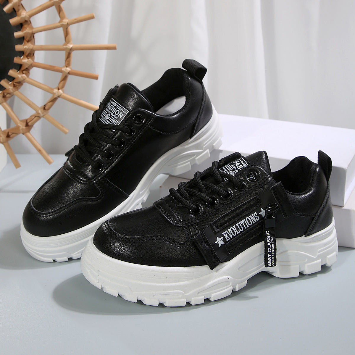 Lace-Up Sports Shoes with Side-Zipper – Fashionable Thick-Soled Sneakers for Women