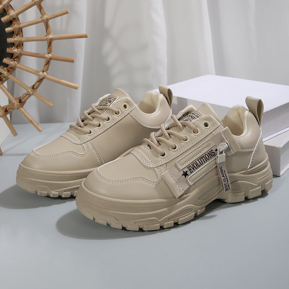 Lace-Up Sports Shoes with Side-Zipper – Fashionable Thick-Soled Sneakers for Women