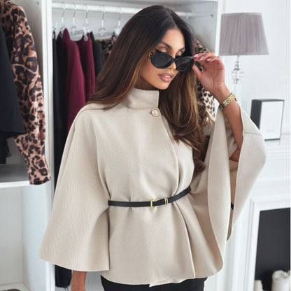 Stand Collar Batwing Sleeves Cloak Top with Belt – Fashion-Forward & Functional