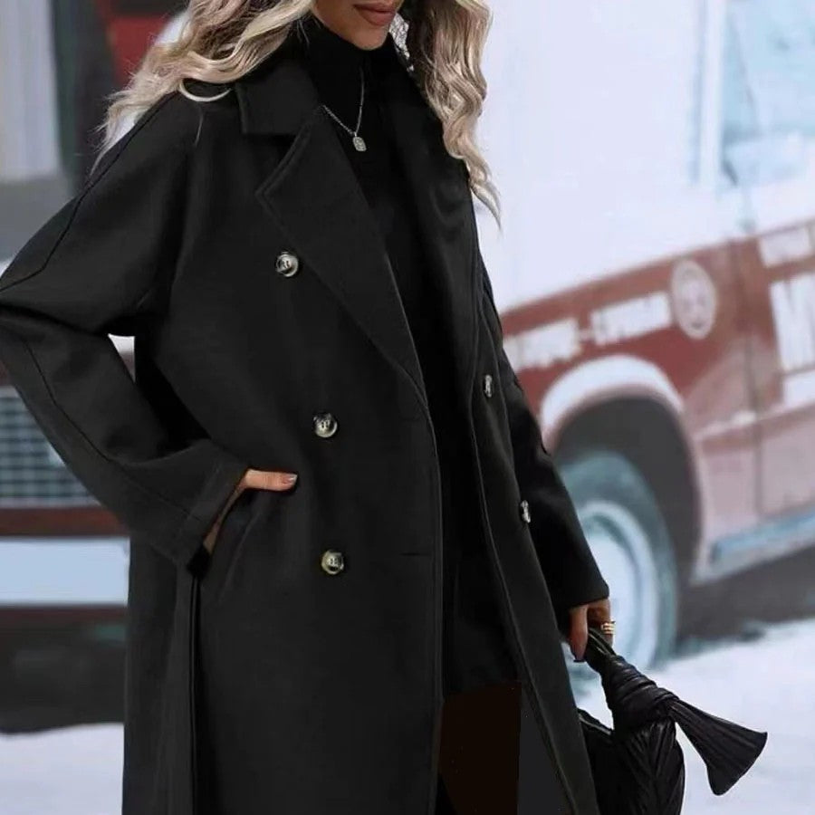 Lapel Double-Breasted Trench Coat with Belt – Winter Fashion Long Jacket for Women