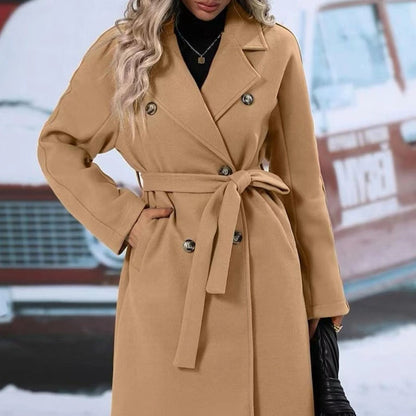 Lapel Double-Breasted Trench Coat with Belt – Winter Fashion Long Jacket for Women