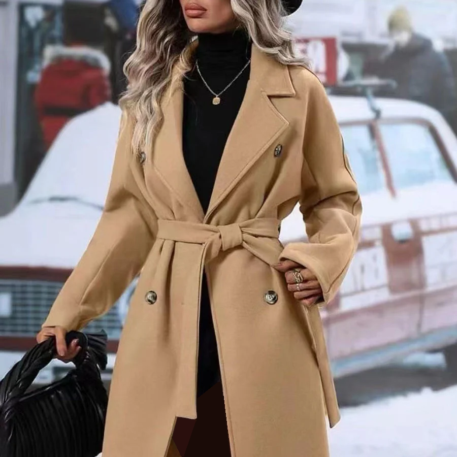 Lapel Double-Breasted Trench Coat with Belt – Winter Fashion Long Jacket for Women