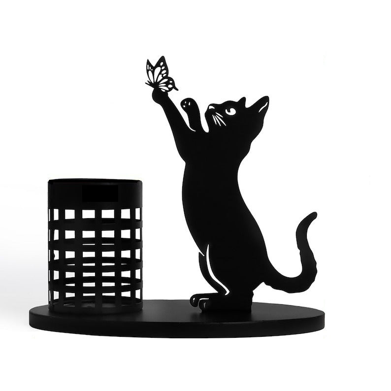 Black Metal Cat & Squirrel Pen Holder | Elegant Animal-Themed Desk Organizer