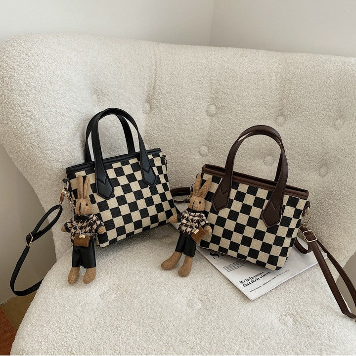 Women's Fashion Houndstooth & Checkered Handbag – Messenger Tote with Pendant