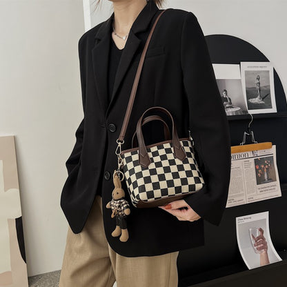 Women's Fashion Houndstooth & Checkered Handbag – Messenger Tote with Pendant