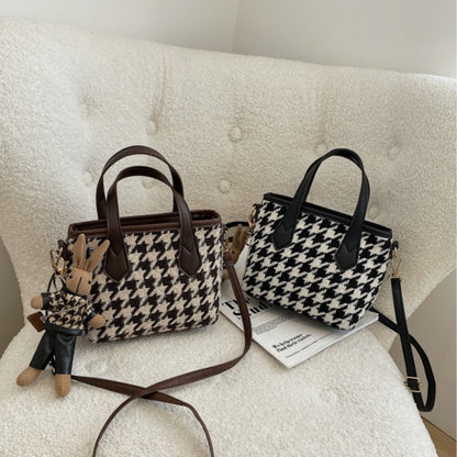 Women's Fashion Houndstooth & Checkered Handbag – Messenger Tote with Pendant