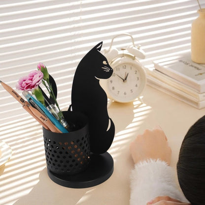 Black Metal Cat & Squirrel Pen Holder | Elegant Animal-Themed Desk Organizer