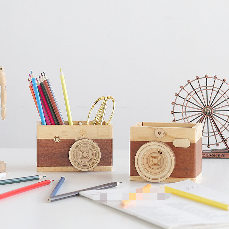 Wooden Camera Pen Holder | Creative Camera-Shaped Desk Organizer