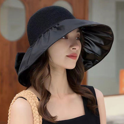 Straw Sunshade Hat with Large Brim & Elegant Bow