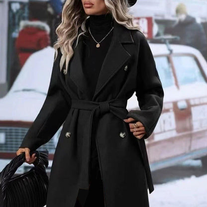 Lapel Double-Breasted Trench Coat with Belt – Winter Fashion Long Jacket for Women