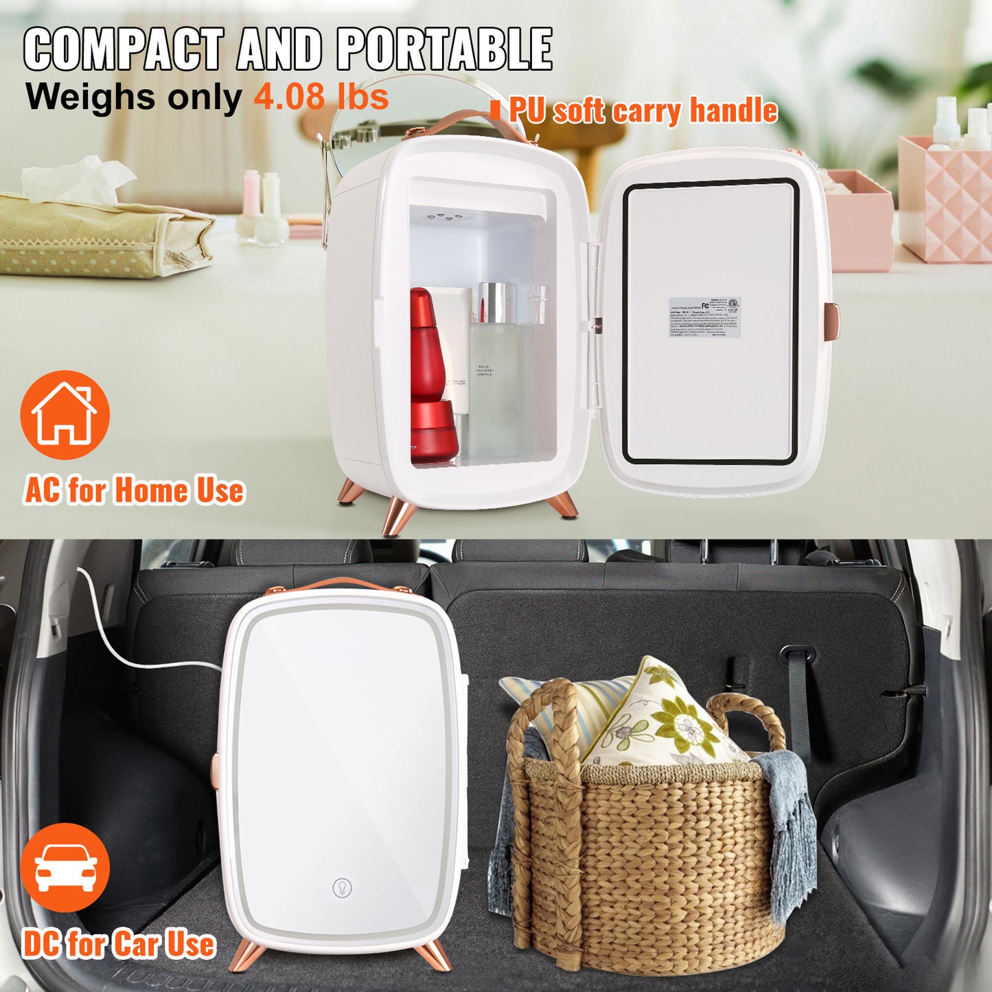 VEVOR 6L Mini Fridge for Bedroom with Mirror & LED Light, Silent Cosmetic Refrigerator for Beauty Products, Drinks, Breast Milk, Medications & More – Portable AC/DC Makeup Fridge in White