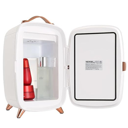 VEVOR 6L Mini Fridge for Bedroom with Mirror & LED Light, Silent Cosmetic Refrigerator for Beauty Products, Drinks, Breast Milk, Medications & More – Portable AC/DC Makeup Fridge in White