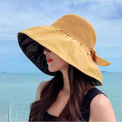 Straw Sunshade Hat with Large Brim & Elegant Bow