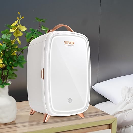 VEVOR 6L Mini Fridge for Bedroom with Mirror & LED Light, Silent Cosmetic Refrigerator for Beauty Products, Drinks, Breast Milk, Medications & More – Portable AC/DC Makeup Fridge in White