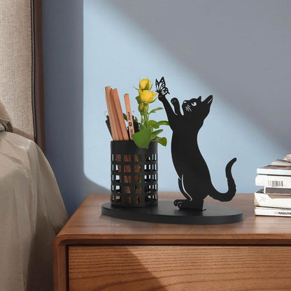 Black Metal Cat & Squirrel Pen Holder | Elegant Animal-Themed Desk Organizer