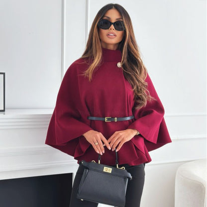 Stand Collar Batwing Sleeves Cloak Top with Belt – Fashion-Forward & Functional