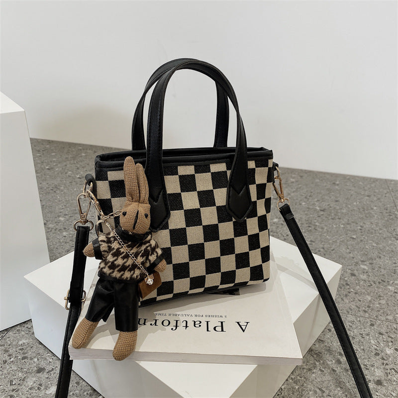 Women's Fashion Houndstooth & Checkered Handbag – Messenger Tote with Pendant