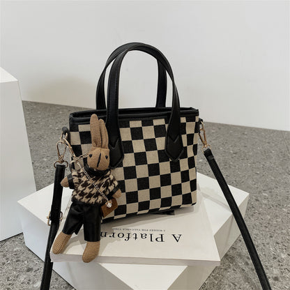 Women's Fashion Houndstooth & Checkered Handbag – Messenger Tote with Pendant