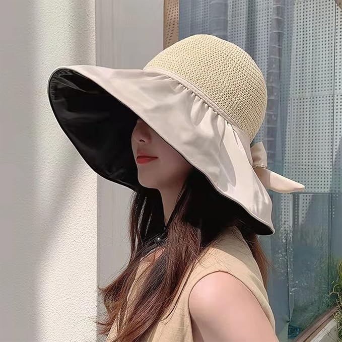 Straw Sunshade Hat with Large Brim & Elegant Bow