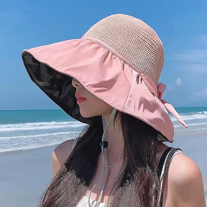 Straw Sunshade Hat with Large Brim & Elegant Bow