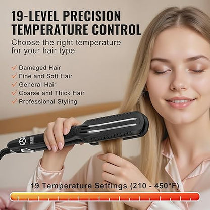 VEVOR Titanium Hair Straightener Flat Iron - Dual Infrared Technology, 19 Adjustable Temperatures (210°F-450°F), LCD Display, Dual Voltage for Salon, Home & Travel Use