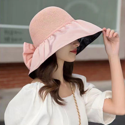 Straw Sunshade Hat with Large Brim & Elegant Bow