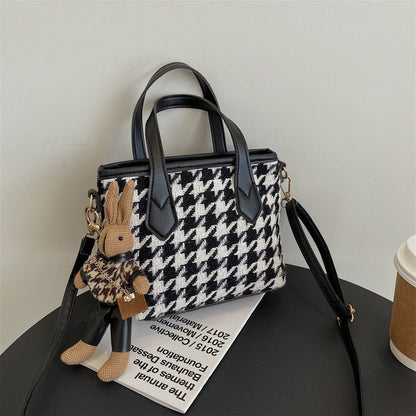 Women's Fashion Houndstooth & Checkered Handbag – Messenger Tote with Pendant