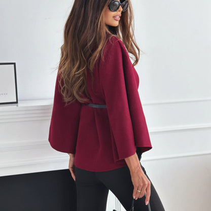 Stand Collar Batwing Sleeves Cloak Top with Belt – Fashion-Forward & Functional