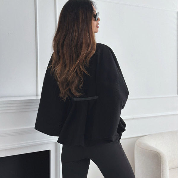 Stand Collar Batwing Sleeves Cloak Top with Belt – Fashion-Forward & Functional