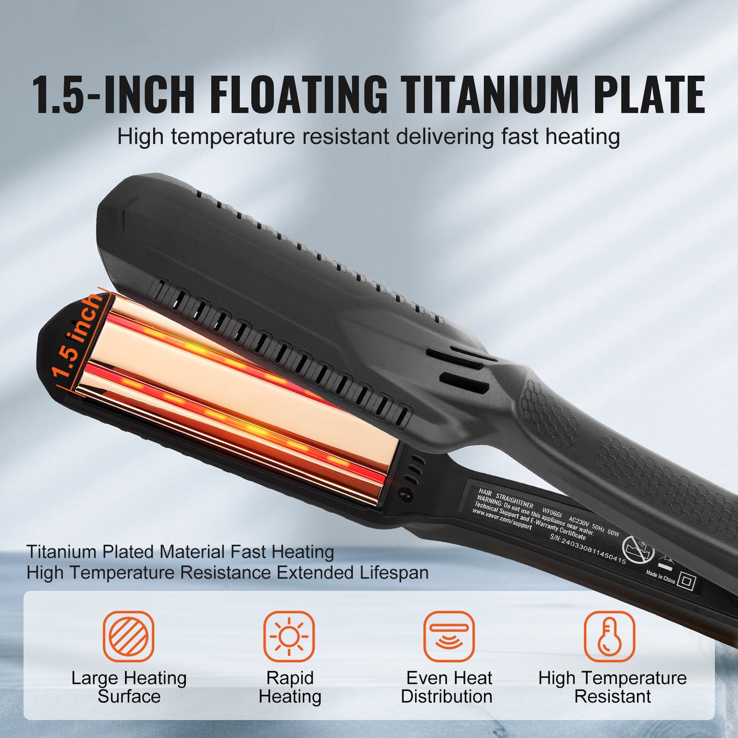 VEVOR Titanium Hair Straightener Flat Iron - Dual Infrared Technology, 19 Adjustable Temperatures (210°F-450°F), LCD Display, Dual Voltage for Salon, Home & Travel Use