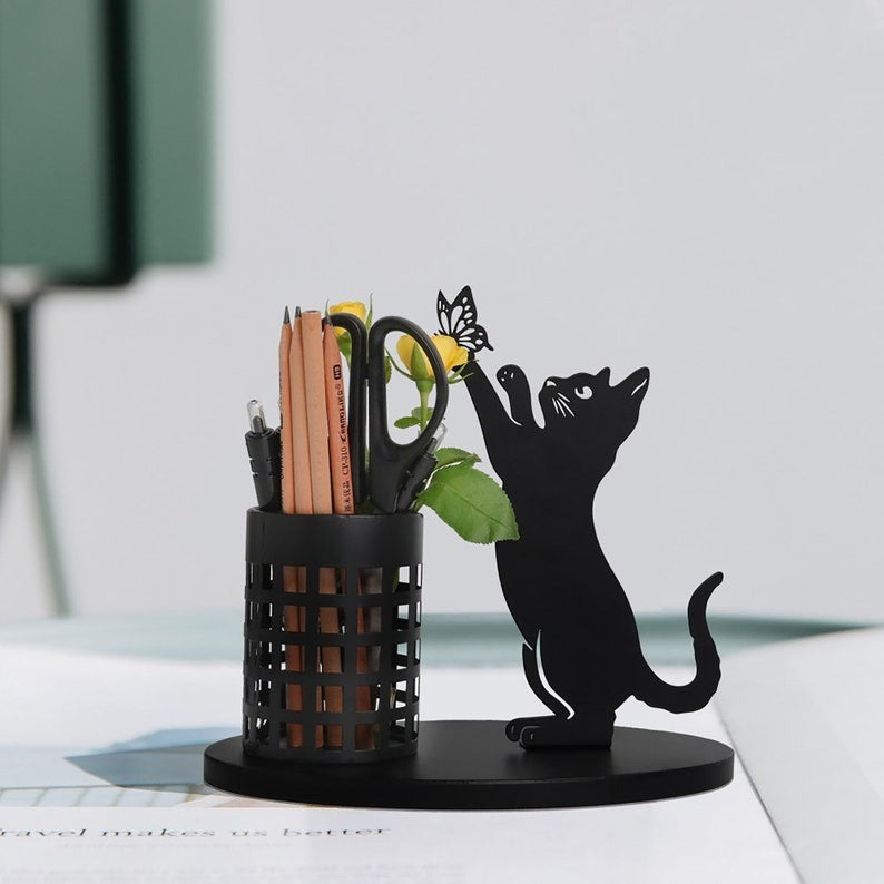 Black Metal Cat & Squirrel Pen Holder | Elegant Animal-Themed Desk Organizer