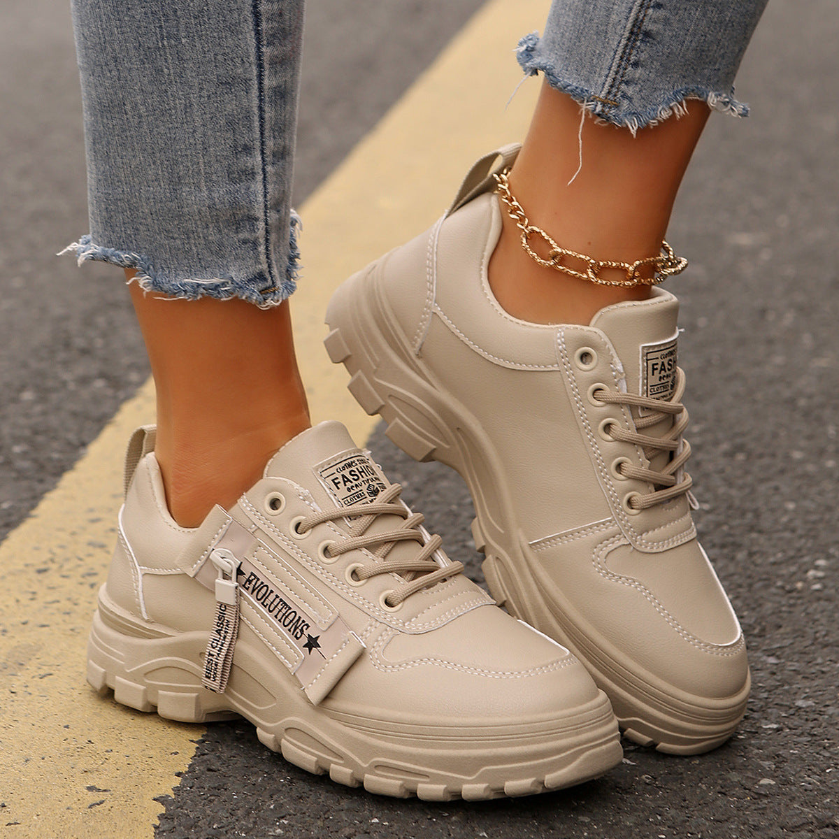Lace-Up Sports Shoes with Side-Zipper – Fashionable Thick-Soled Sneakers for Women