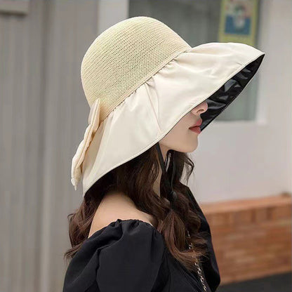 Straw Sunshade Hat with Large Brim & Elegant Bow