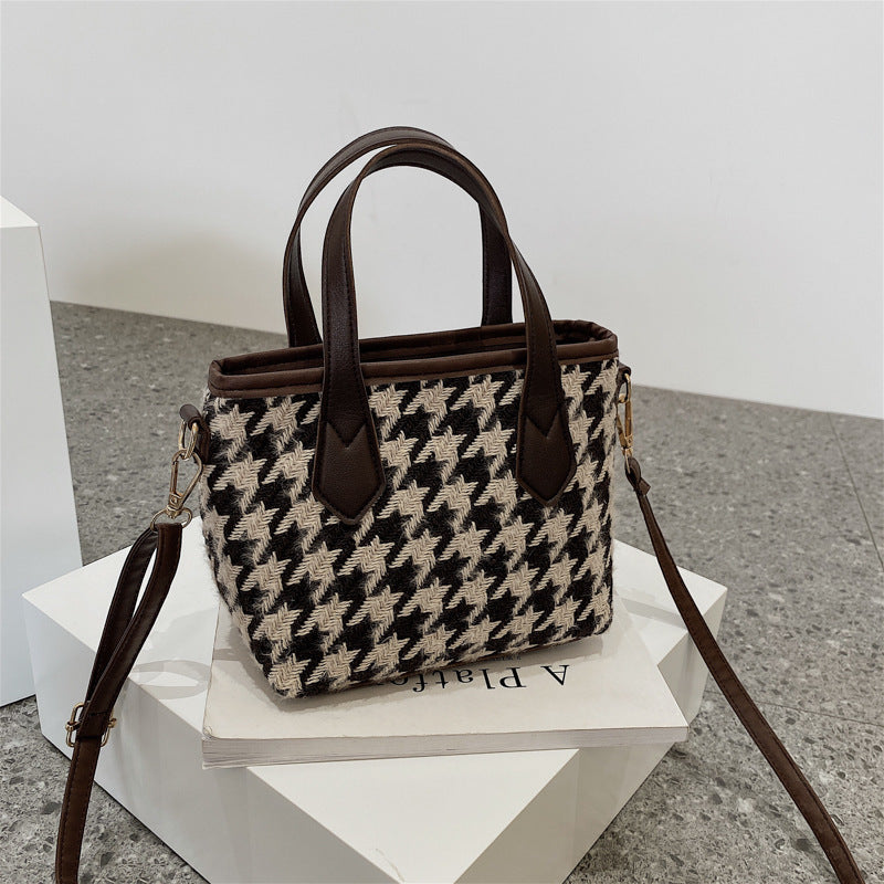 Women's Fashion Houndstooth & Checkered Handbag – Messenger Tote with Pendant