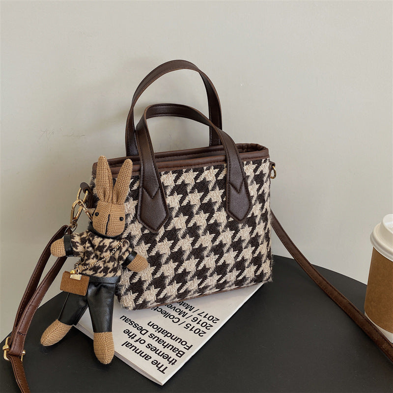 Women's Fashion Houndstooth & Checkered Handbag – Messenger Tote with Pendant
