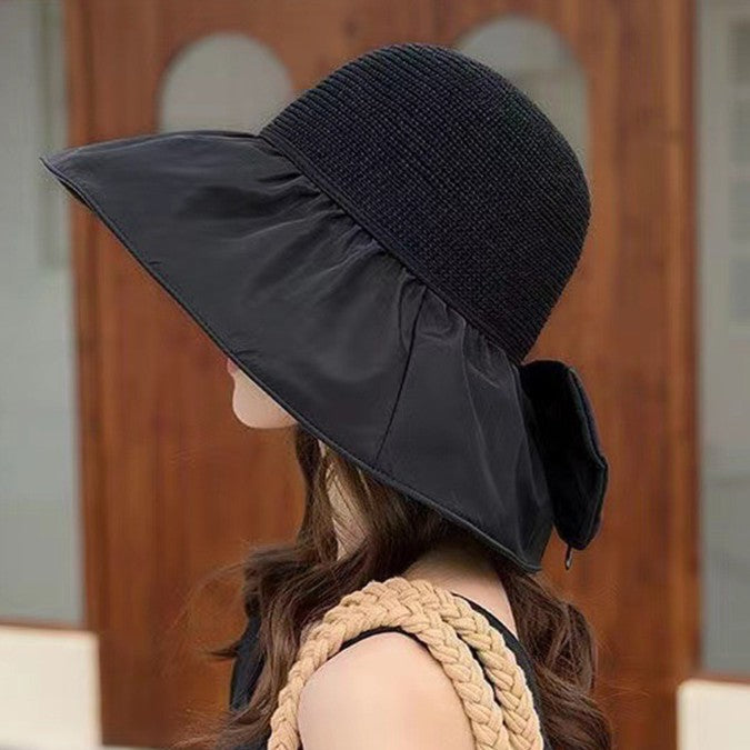 Straw Sunshade Hat with Large Brim & Elegant Bow