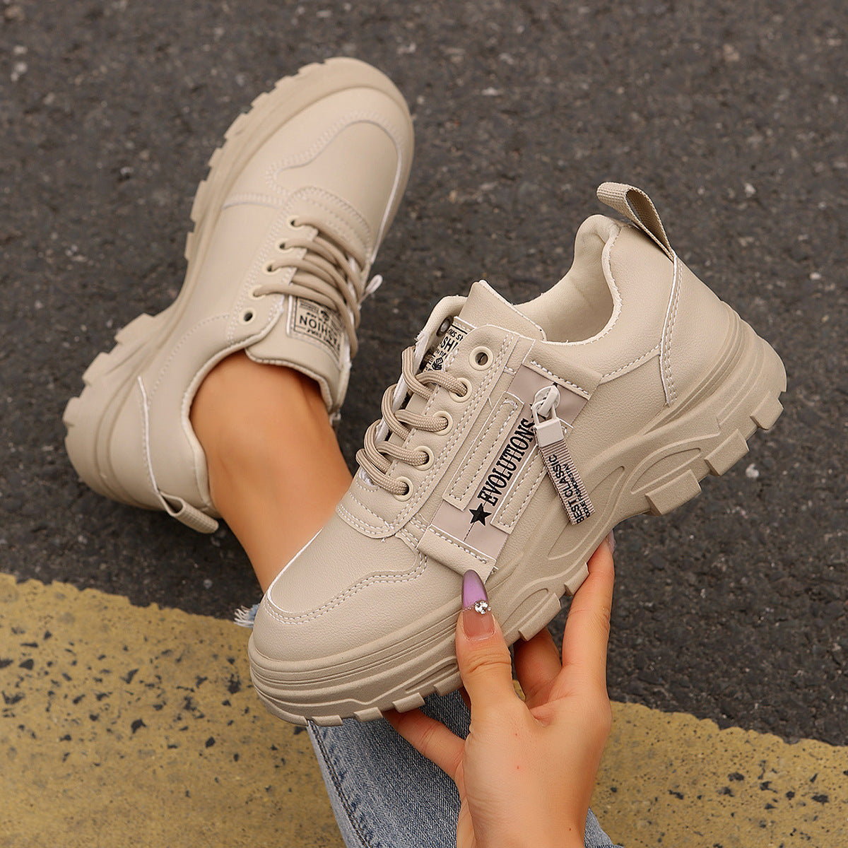 Lace-Up Sports Shoes with Side-Zipper – Fashionable Thick-Soled Sneakers for Women
