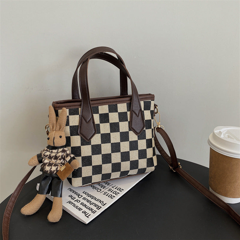 Women's Fashion Houndstooth & Checkered Handbag – Messenger Tote with Pendant